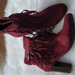 Burgundy fringe booties with gold buckle